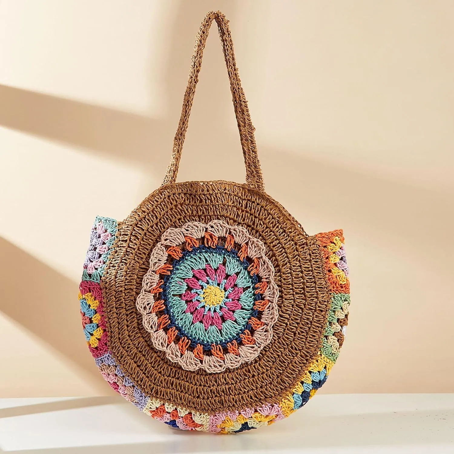 Rejolly Straw Bag for Women Round Women Tote Handbag Summer Vacation Beach Boho Bohemian Style Large Shoulder Purse
