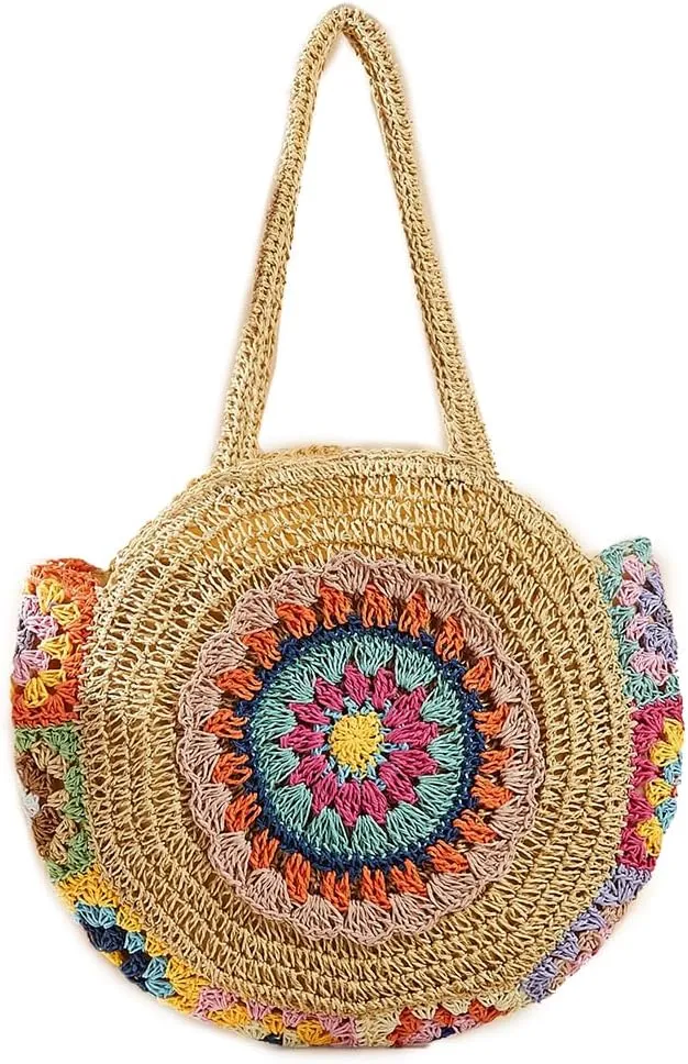 Rejolly Straw Bag for Women Round Women Tote Handbag Summer Vacation Beach Boho Bohemian Style Large Shoulder Purse