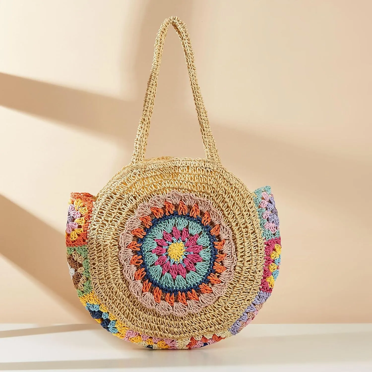 Rejolly Straw Bag for Women Round Women Tote Handbag Summer Vacation Beach Boho Bohemian Style Large Shoulder Purse