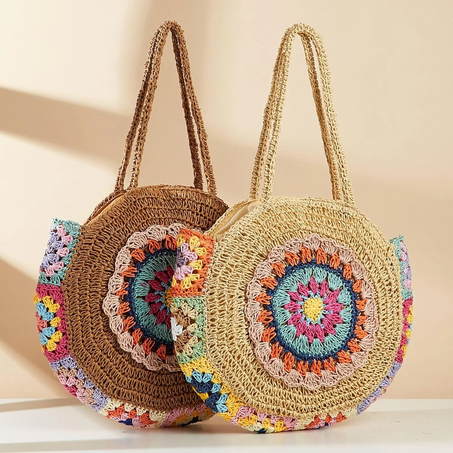 Rejolly Straw Bag for Women Round Women Tote Handbag Summer Vacation Beach Boho Bohemian Style Large Shoulder Purse