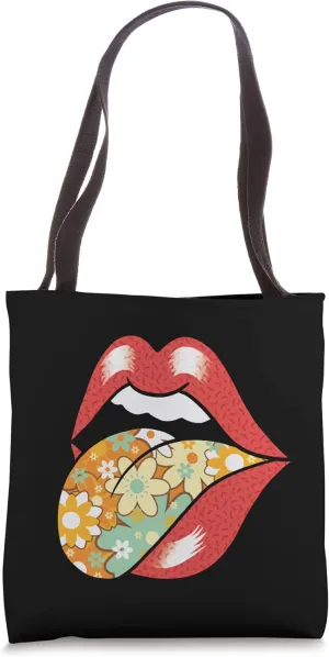 Retro Rock And Roll Red Lips Flower Pattern Tongue Boho Tote Bag