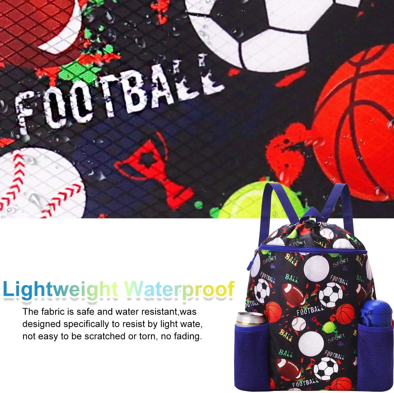 RHCPFOVR Drawstring Backpack for Kids - Swim Bag for Beach Lightweight Waterproof Sports Gym Bag With Two Water Bottle Holder
