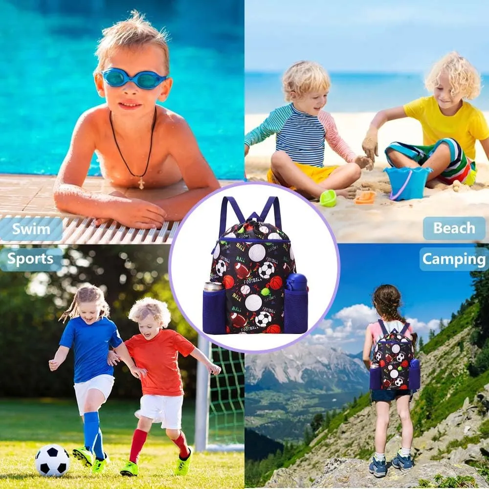 RHCPFOVR Drawstring Backpack for Kids - Swim Bag for Beach Lightweight Waterproof Sports Gym Bag With Two Water Bottle Holder