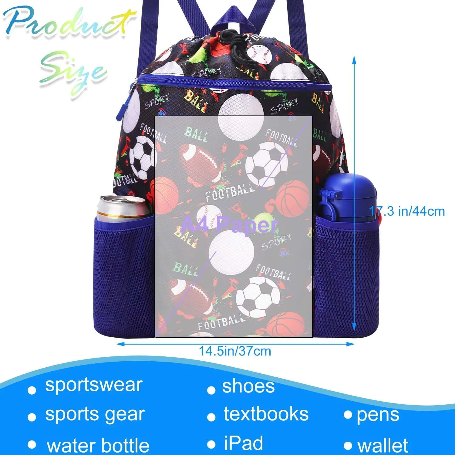 RHCPFOVR Drawstring Backpack for Kids - Swim Bag for Beach Lightweight Waterproof Sports Gym Bag With Two Water Bottle Holder