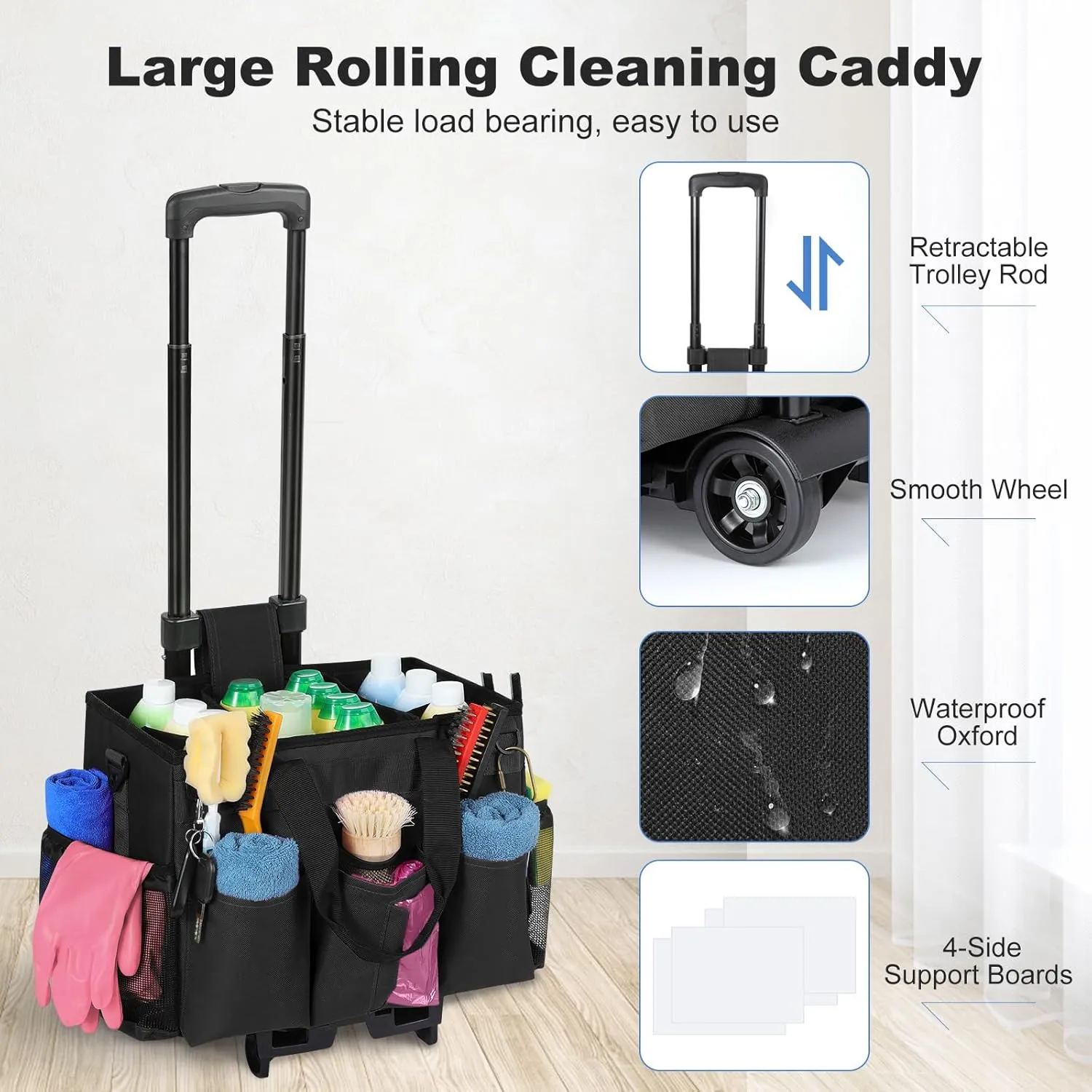 Rolling Cleaning Caddy Bag with Detachable Trolley, Professional Portable Large Cleaning Bag with Wheels, Wearable Cleaning Supply Bag on Wheels for Housekeepers, Black