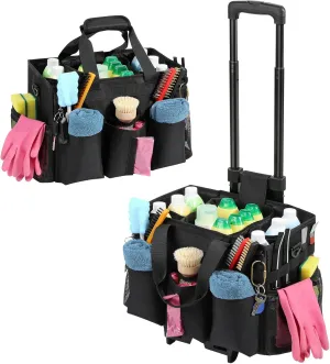 Rolling Cleaning Caddy Bag with Detachable Trolley, Professional Portable Large Cleaning Bag with Wheels, Wearable Cleaning Supply Bag on Wheels for Housekeepers, Black