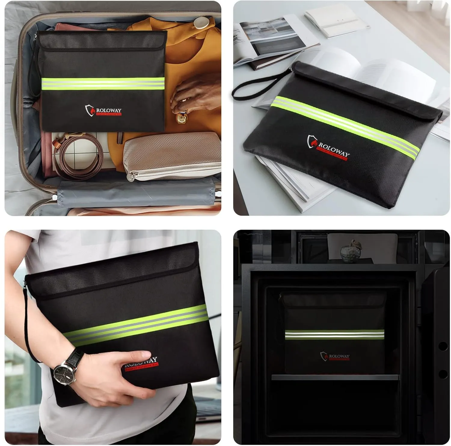 ROLOWAY Fireproof Document Bag (14 x 11 inch) with 5200℉ Upgraded Aluminum Foil Layer, Fireproof Bag for Documents with Reflective Strip, Fireproof Money Bag for Cash Safe with Zipper (Black)