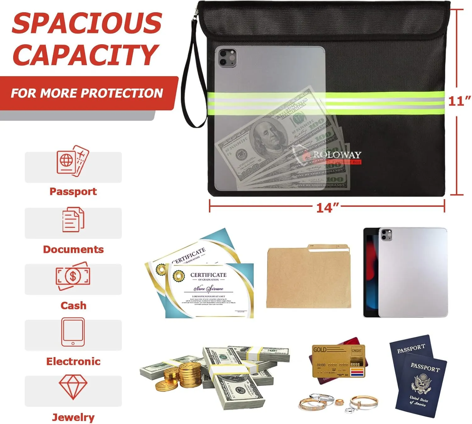 ROLOWAY Fireproof Document Bag (14 x 11 inch) with 5200℉ Upgraded Aluminum Foil Layer, Fireproof Bag for Documents with Reflective Strip, Fireproof Money Bag for Cash Safe with Zipper (Black)