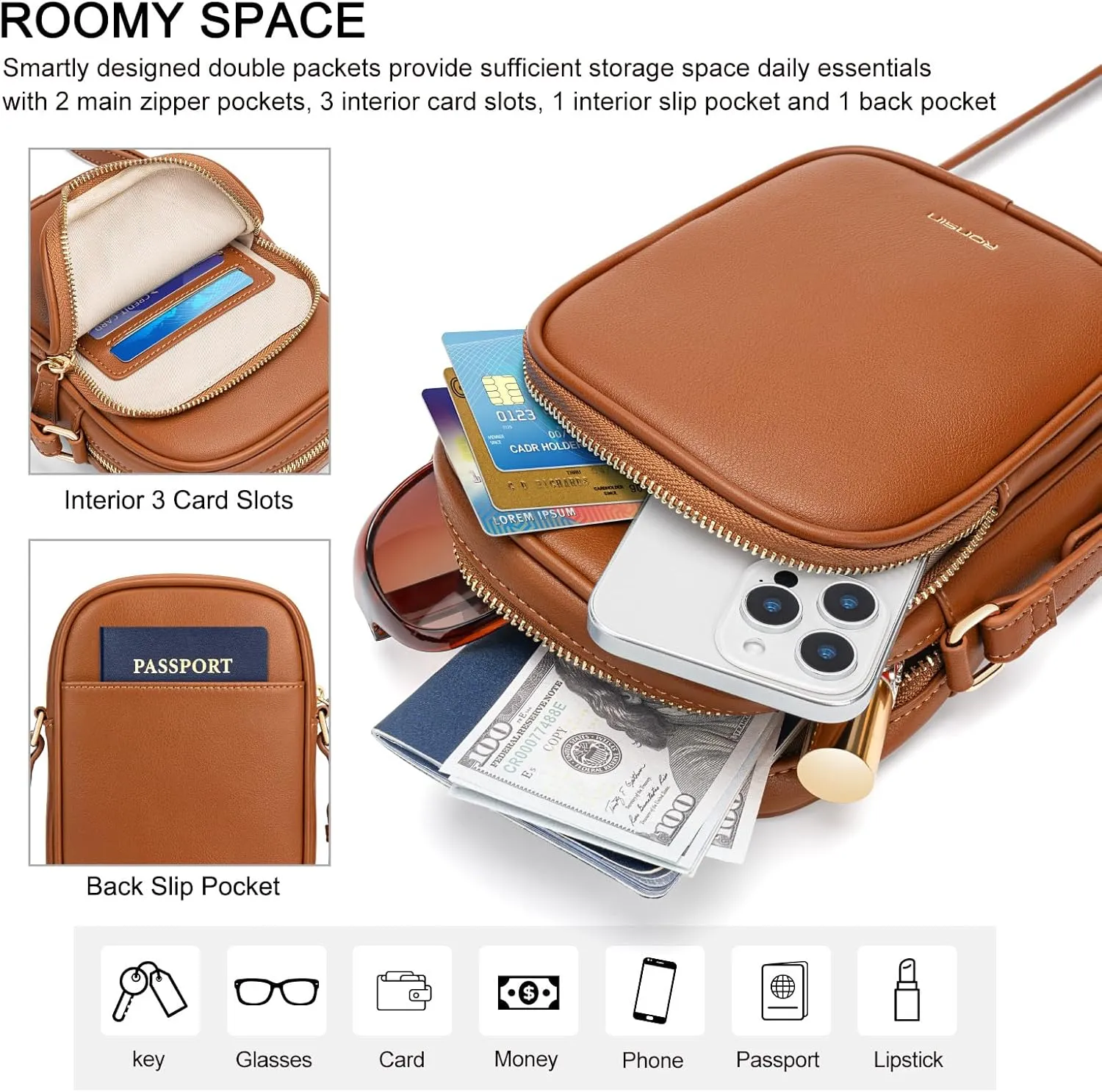 RONSIN Small Crossbody Bags for Women Cell Phone Purse PU Leather Cross Body Purse Handbags with Adjustable Strap