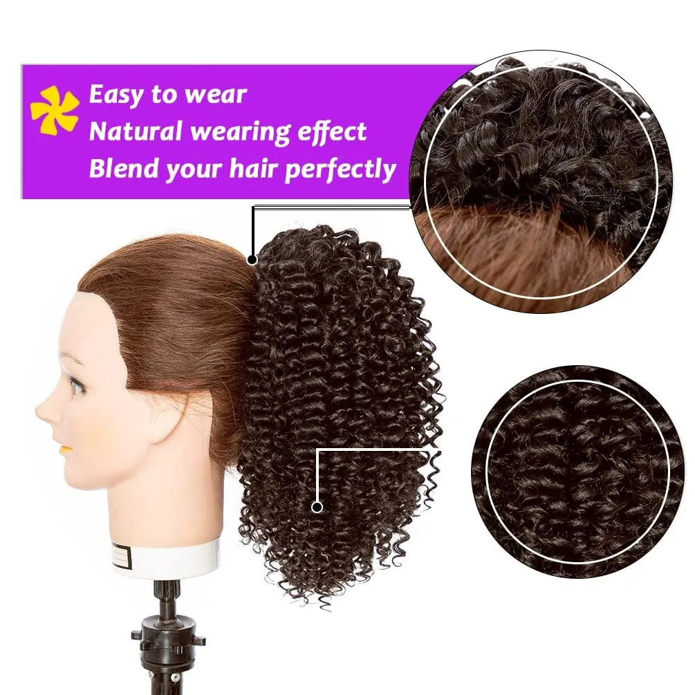 rosmile Short Kinky Curly Ponytail Extension for Black Women, 10 Inch Medium Brown Drawstring Curly Ponytail with Two Clips, Synthetic Afro Drawstring Ponytail for Black Women