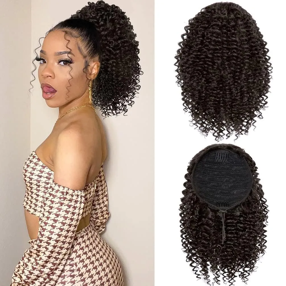 rosmile Short Kinky Curly Ponytail Extension for Black Women, 10 Inch Medium Brown Drawstring Curly Ponytail with Two Clips, Synthetic Afro Drawstring Ponytail for Black Women