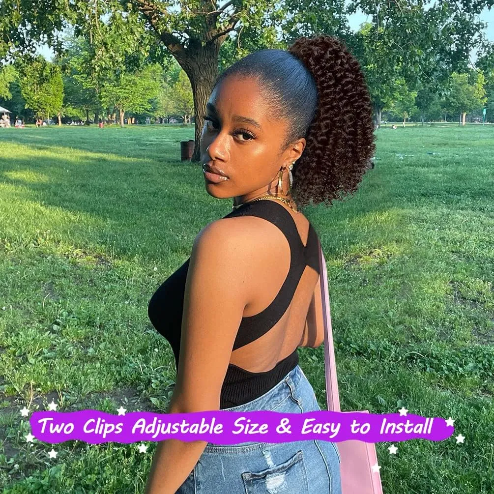rosmile Short Kinky Curly Ponytail Extension for Black Women, 10 Inch Medium Brown Drawstring Curly Ponytail with Two Clips, Synthetic Afro Drawstring Ponytail for Black Women