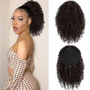 rosmile Short Kinky Curly Ponytail Extension for Black Women, 10 Inch Medium Brown Drawstring Curly Ponytail with Two Clips, Synthetic Afro Drawstring Ponytail for Black Women