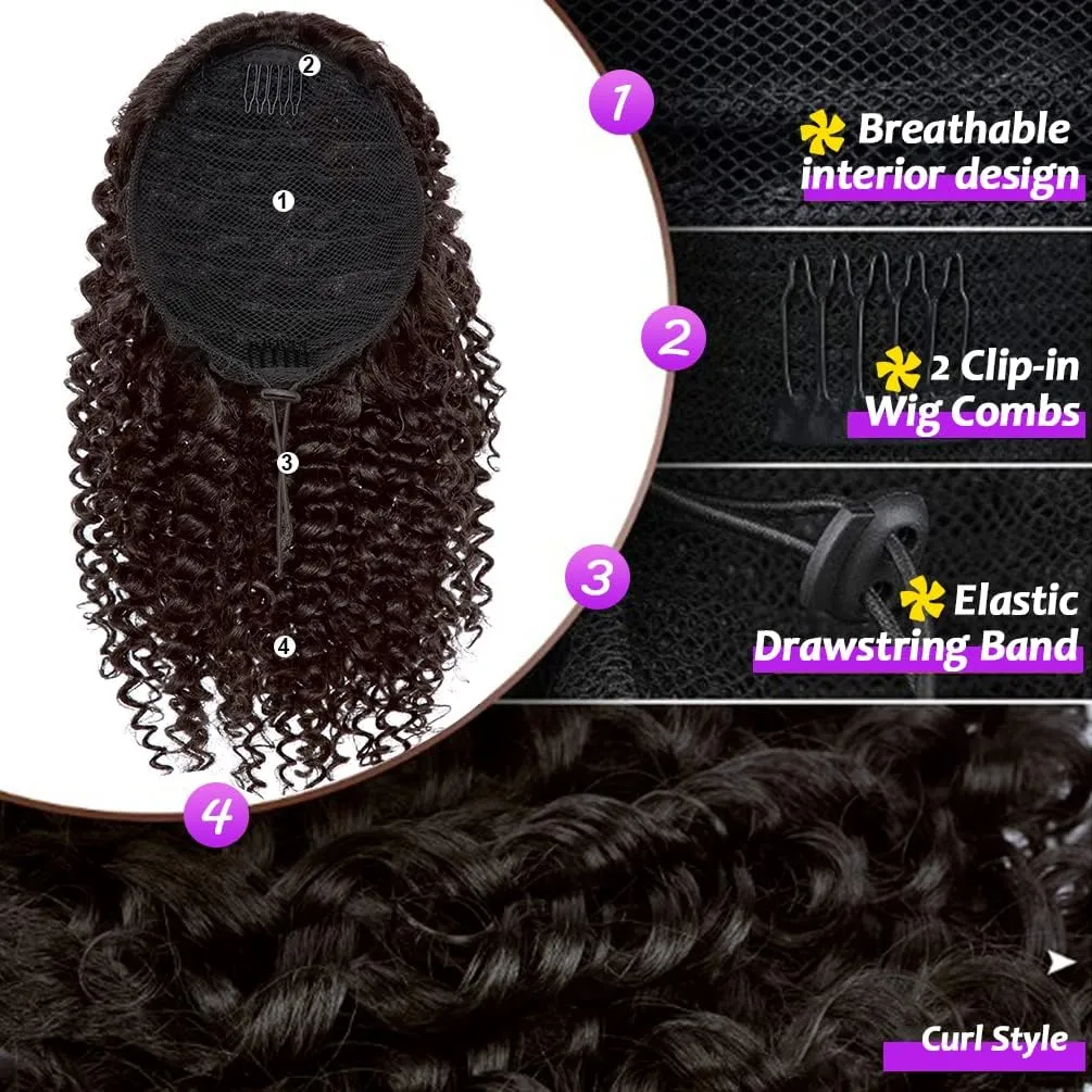 rosmile Short Kinky Curly Ponytail Extension for Black Women, 10 Inch Medium Brown Drawstring Curly Ponytail with Two Clips, Synthetic Afro Drawstring Ponytail for Black Women