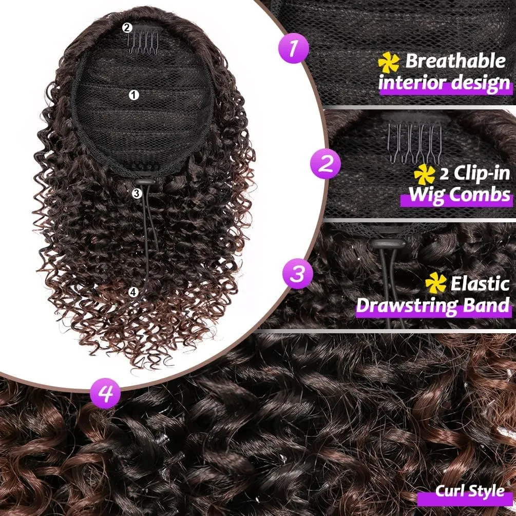 rosmile Short Kinky Curly Ponytail Extension for Black Women, 10 Inch Ombre Natural Black To Brown Drawstring Curly Ponytail with Two Clips, Synthetic Afro Drawstring Ponytail for Black Women