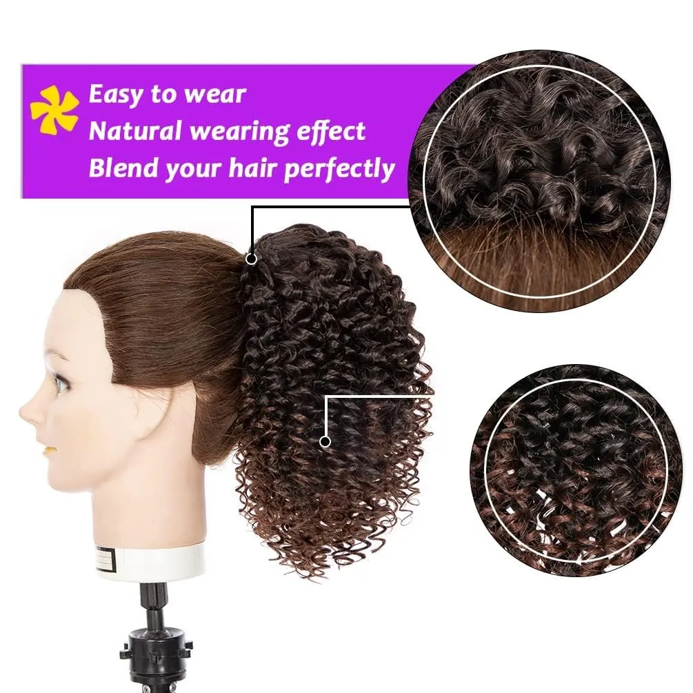 rosmile Short Kinky Curly Ponytail Extension for Black Women, 10 Inch Ombre Natural Black To Brown Drawstring Curly Ponytail with Two Clips, Synthetic Afro Drawstring Ponytail for Black Women