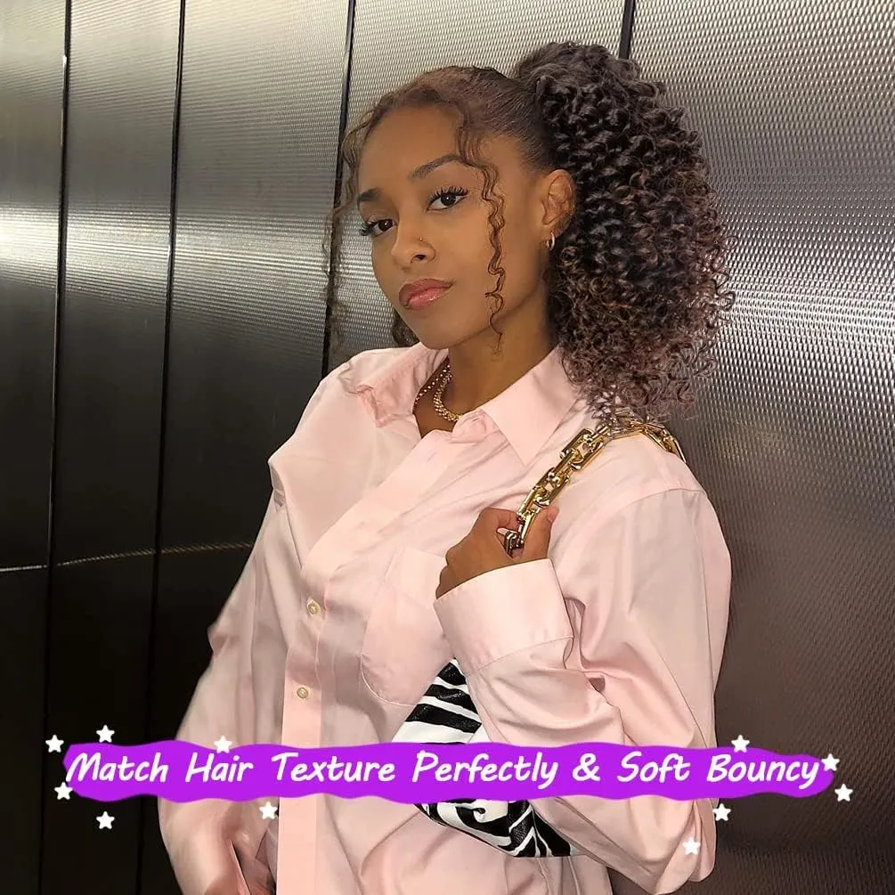rosmile Short Kinky Curly Ponytail Extension for Black Women, 10 Inch Ombre Natural Black To Brown Drawstring Curly Ponytail with Two Clips, Synthetic Afro Drawstring Ponytail for Black Women