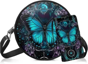 Round Crossbody Wallet Set for Women, PU Circle Bag with Leather Wrist Wallet for Travel Party Work