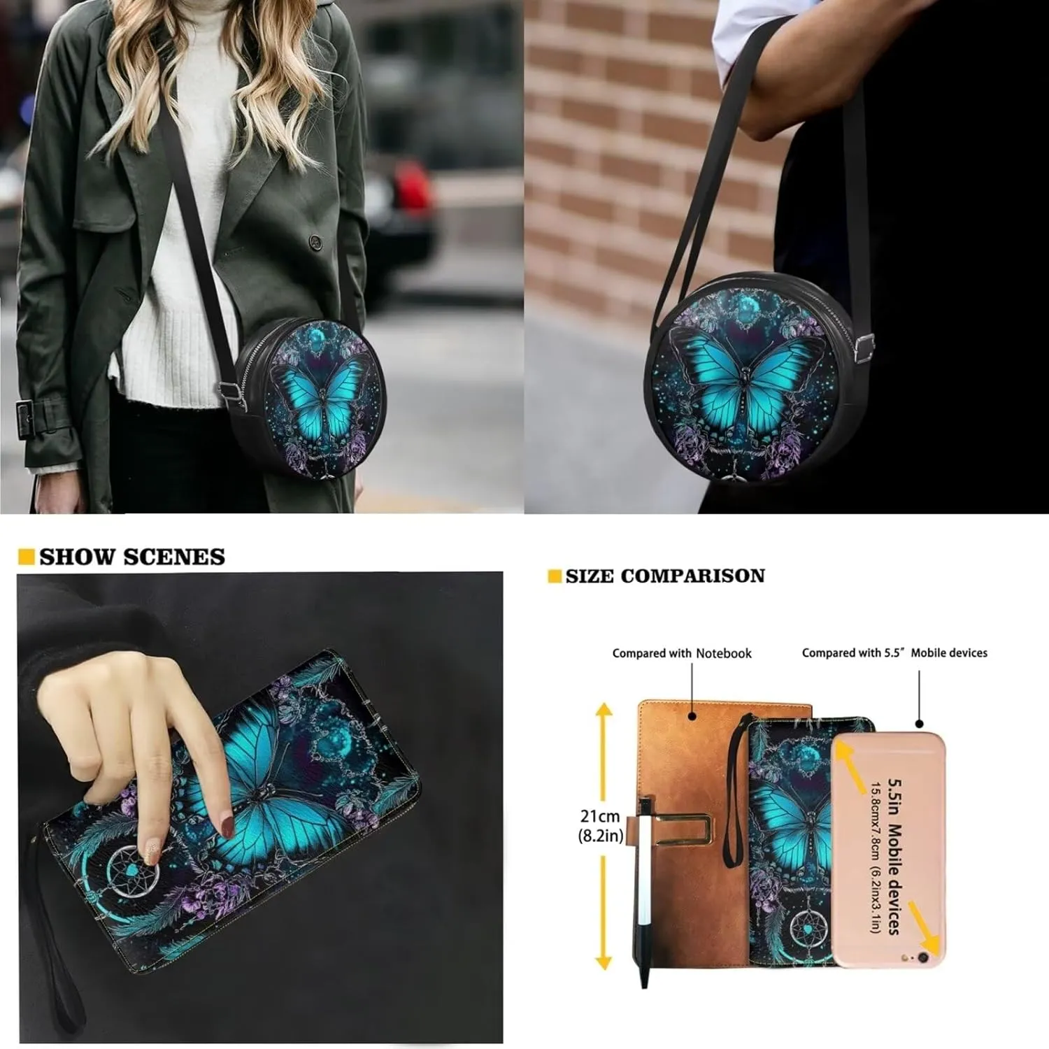 Round Crossbody Wallet Set for Women, PU Circle Bag with Leather Wrist Wallet for Travel Party Work