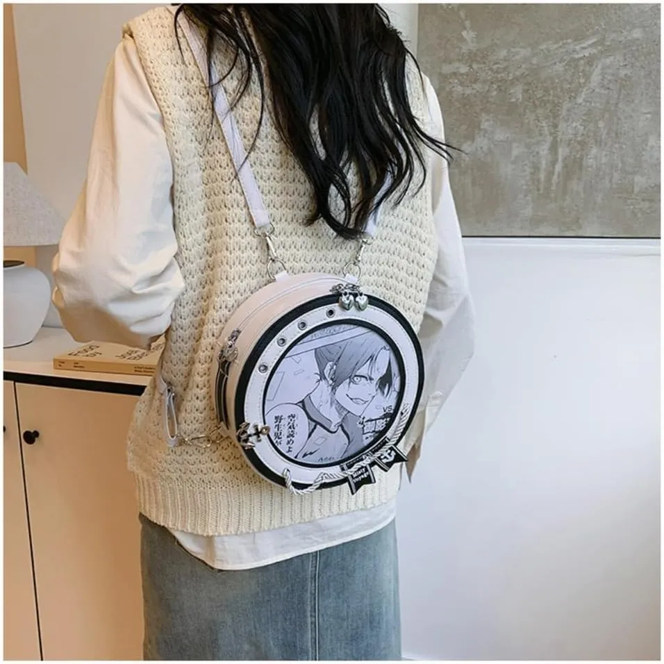 Round Ita Bag Kawaii Backpack Cute Comic Con Backpack PU Leather Crossbody Bag Single Shoulder Bag Handbag (White)