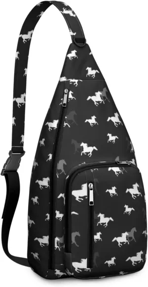 Running Horses on Black Crossbody Bag Daypack for Women Men Lightweight Waterproof Sling Bag Backpack Hiking Cycling