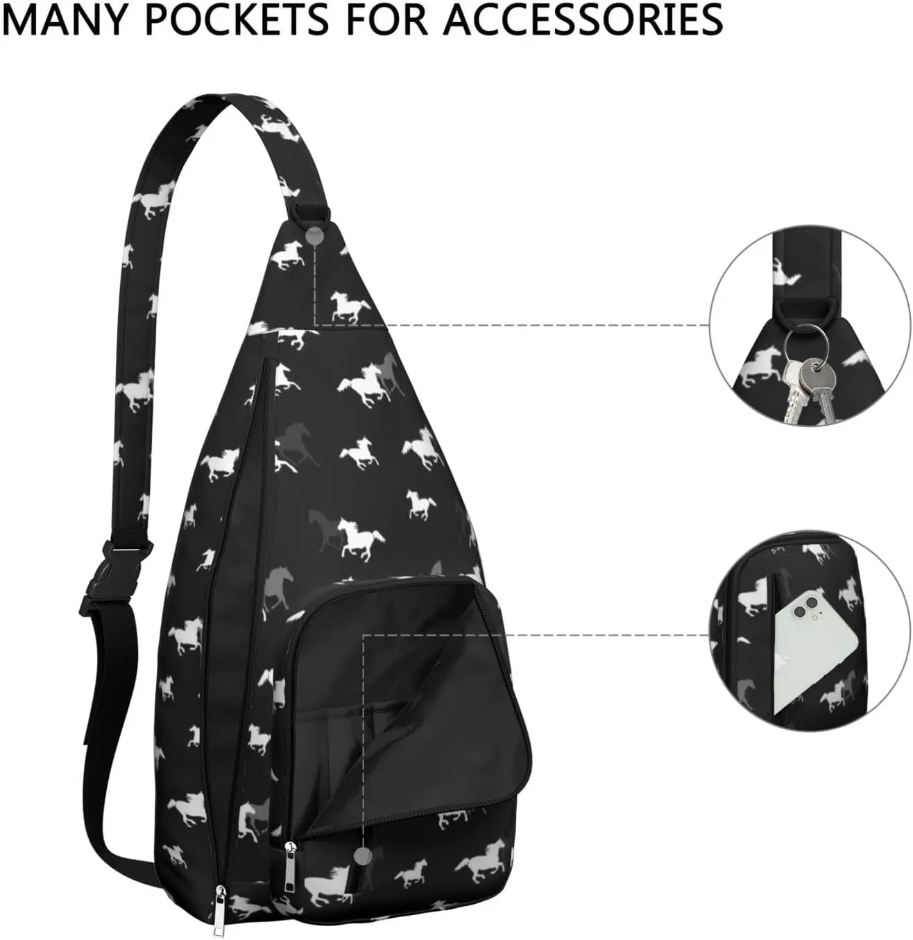 Running Horses on Black Crossbody Bag Daypack for Women Men Lightweight Waterproof Sling Bag Backpack Hiking Cycling