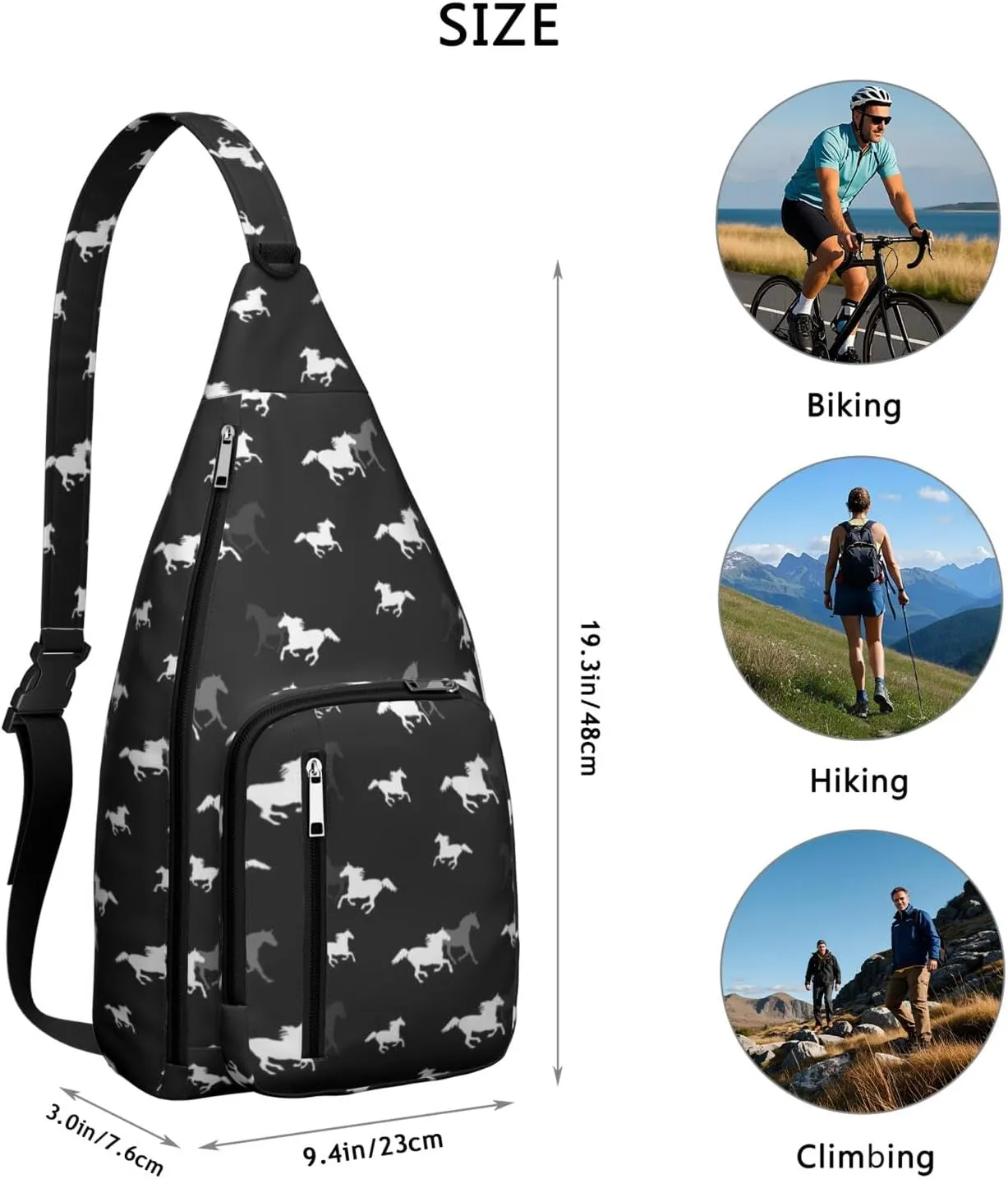 Running Horses on Black Crossbody Bag Daypack for Women Men Lightweight Waterproof Sling Bag Backpack Hiking Cycling