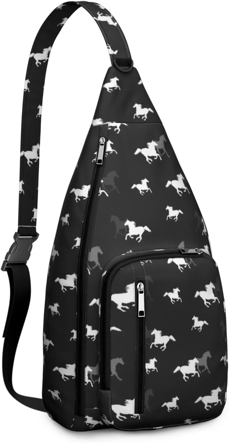 Running Horses on Black Crossbody Bag Daypack for Women Men Lightweight Waterproof Sling Bag Backpack Hiking Cycling