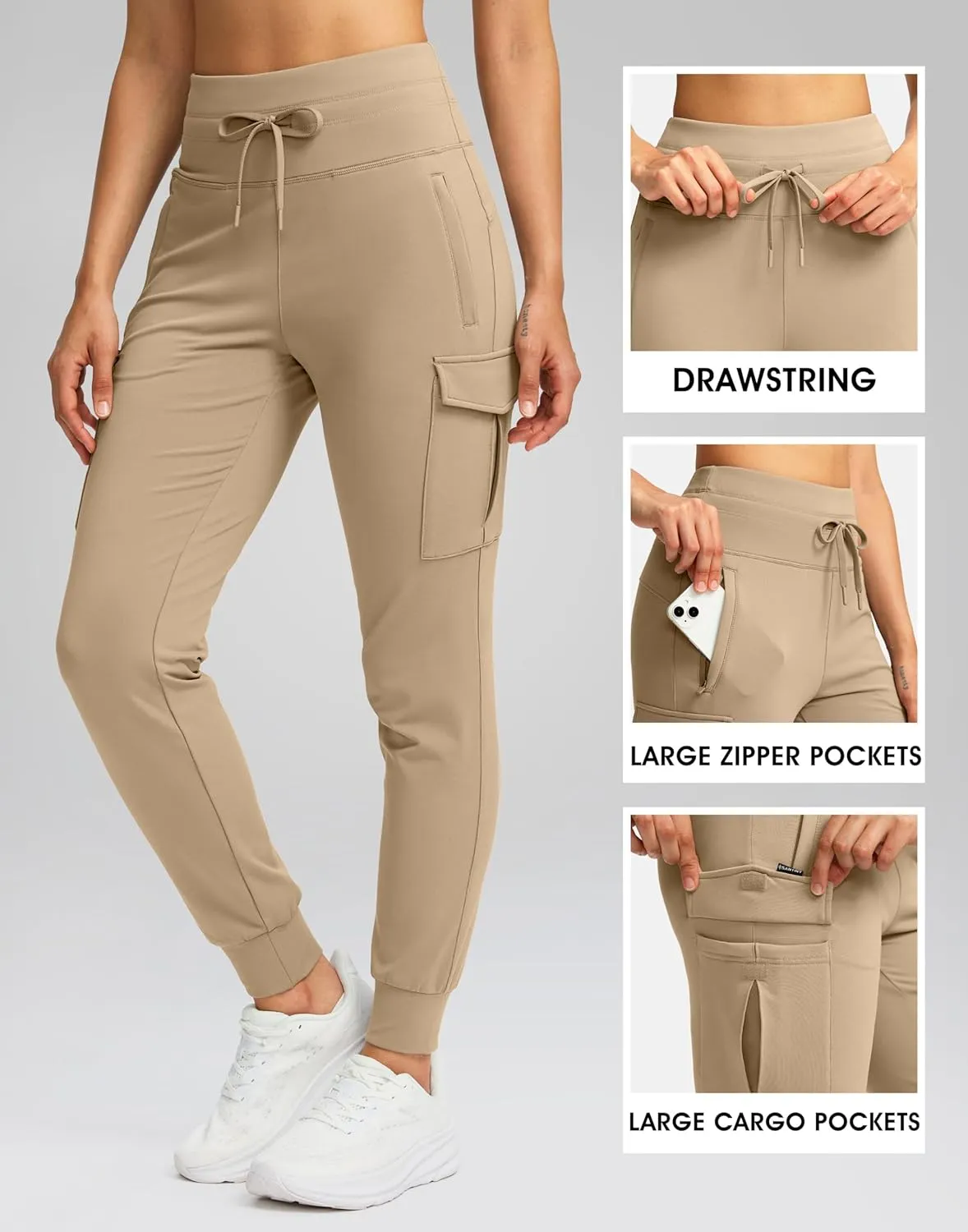 SANTINY Women Fleece Lined Cargo Joggers High Waisted Winter Warm Waterproof Hiking Pants with Zipper Pockets