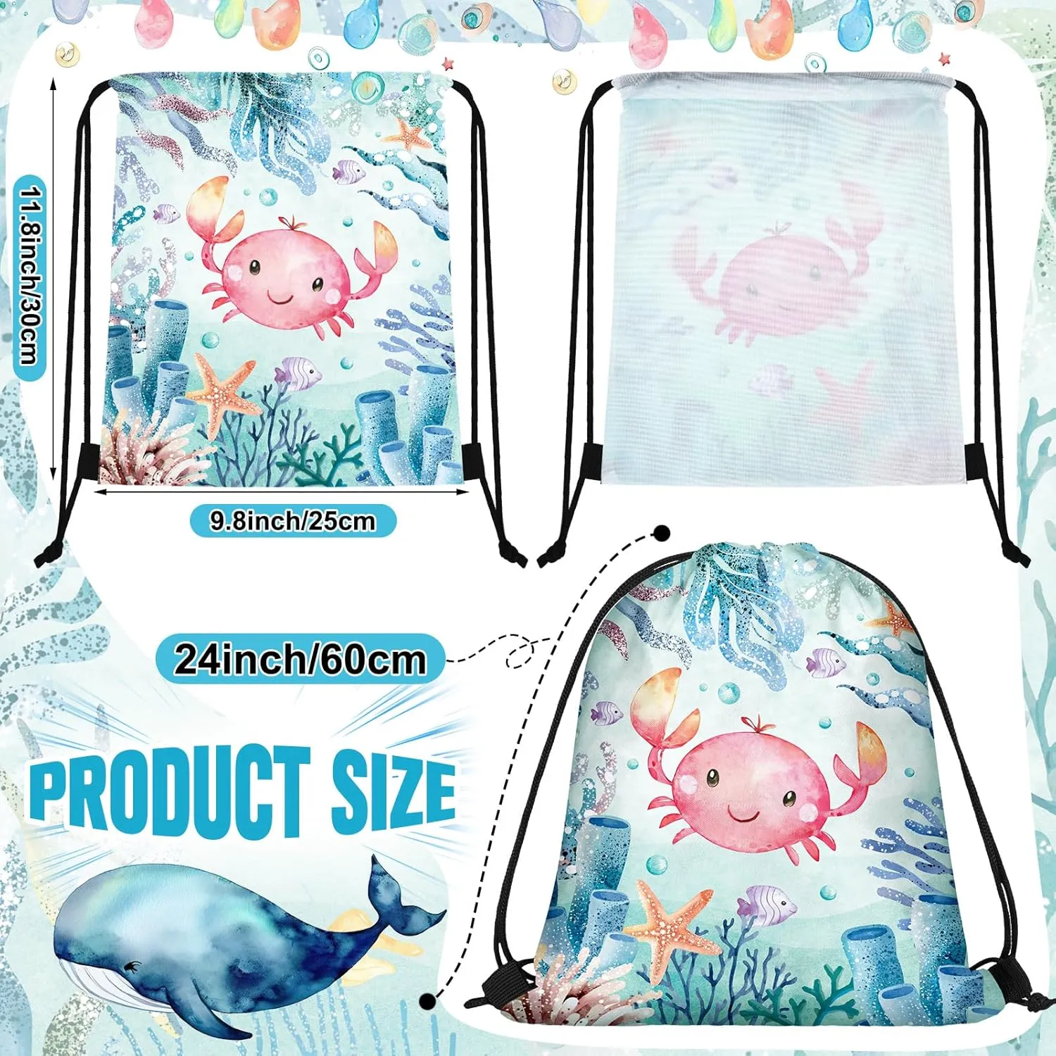 Sanwuta 18 Pcs Under the Sea Party Favor Bags Goodie Ocean Gift Drawstring Bags Beach Sea Animal Candy Treat Drawstring Backpack for Summer Birthday Party Decor Baby Shower Supplies (Modern Style)