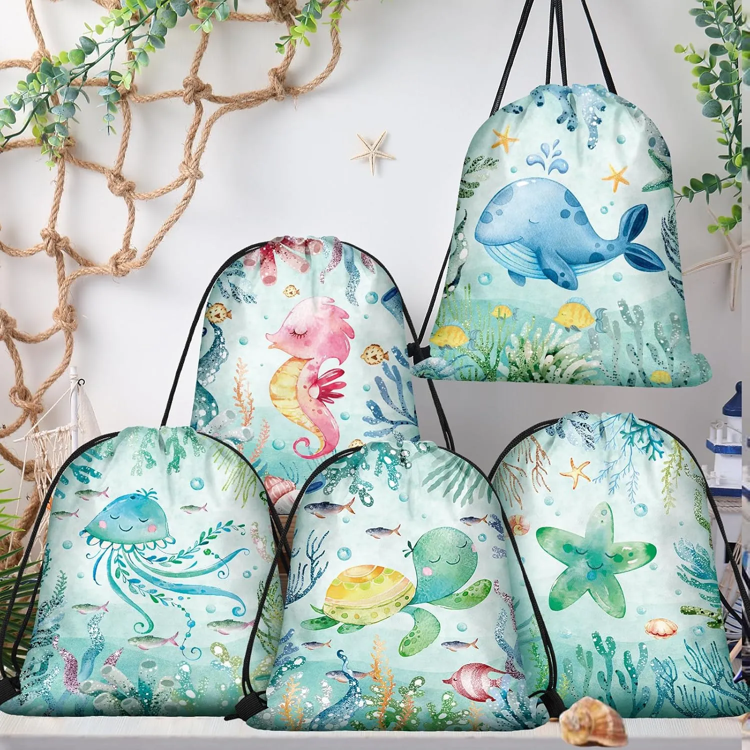 Sanwuta 18 Pcs Under the Sea Party Favor Bags Goodie Ocean Gift Drawstring Bags Beach Sea Animal Candy Treat Drawstring Backpack for Summer Birthday Party Decor Baby Shower Supplies (Modern Style)