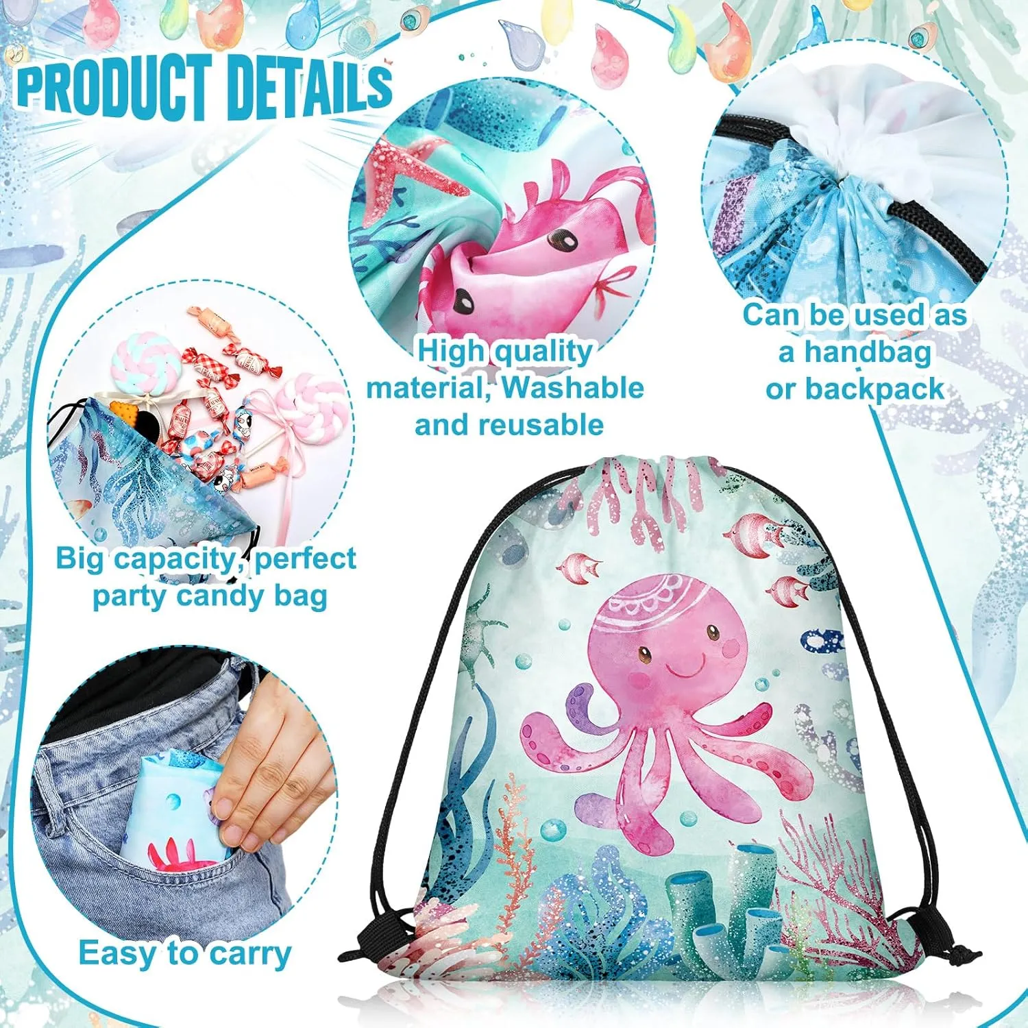 Sanwuta 18 Pcs Under the Sea Party Favor Bags Goodie Ocean Gift Drawstring Bags Beach Sea Animal Candy Treat Drawstring Backpack for Summer Birthday Party Decor Baby Shower Supplies (Modern Style)