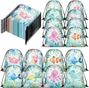 Sanwuta 18 Pcs Under the Sea Party Favor Bags Goodie Ocean Gift Drawstring Bags Beach Sea Animal Candy Treat Drawstring Backpack for Summer Birthday Party Decor Baby Shower Supplies (Modern Style)