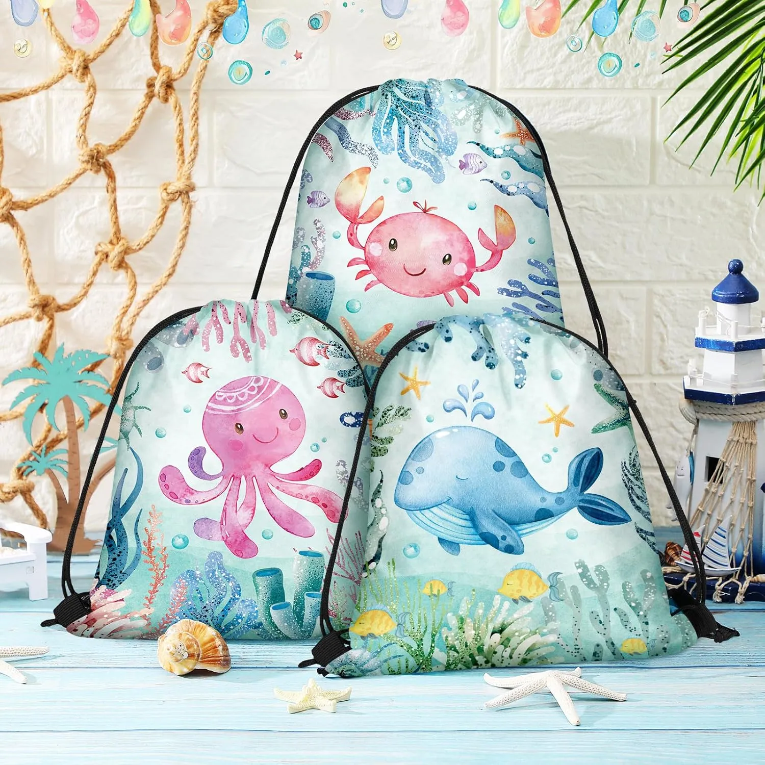 Sanwuta 18 Pcs Under the Sea Party Favor Bags Goodie Ocean Gift Drawstring Bags Beach Sea Animal Candy Treat Drawstring Backpack for Summer Birthday Party Decor Baby Shower Supplies (Modern Style)