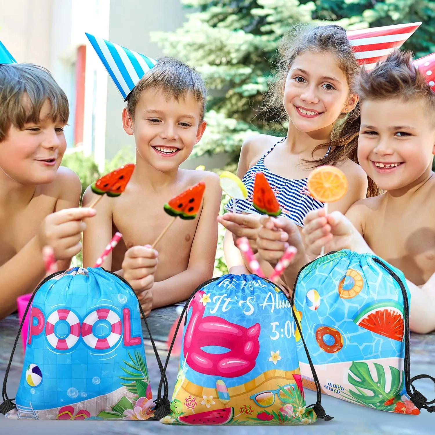 Sanwuta 36 Pcs Pool Party Favor Bags Summer Beach Goodie Gift Drawstring Bags Summer Drawstring Backpack for Pool Party Decorations
