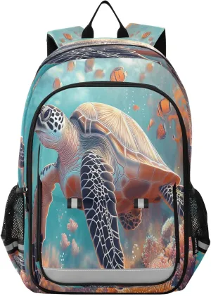 Sea Turtle Coral Reefs Fish Multi Compartment Student Backpack Reflective Stripes Travel Bag Casual Daypack School Bags for Boys Girls