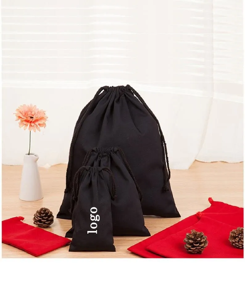 Set of 20/30/50/100 personalized logo print,custom black cotton dust bags,jewelry packaging bag,drawstring pouches,premium small cotton bag