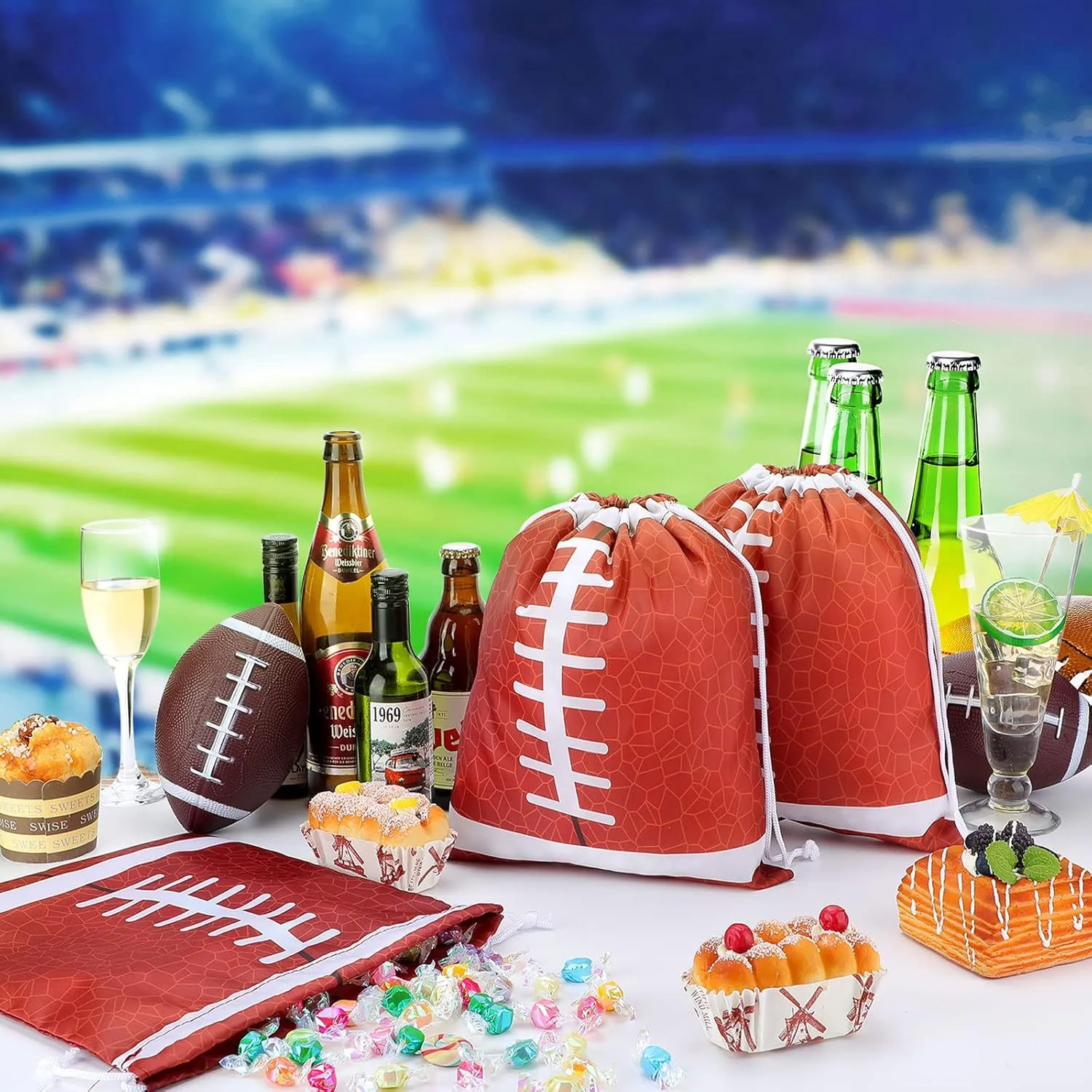 Shappy 16 Pack Football Drawstring Bags for Party Favors 12 x 10 Inch Treat Candy Goodie Gifts Bags Team Supplies Sport Birthday Party Favors