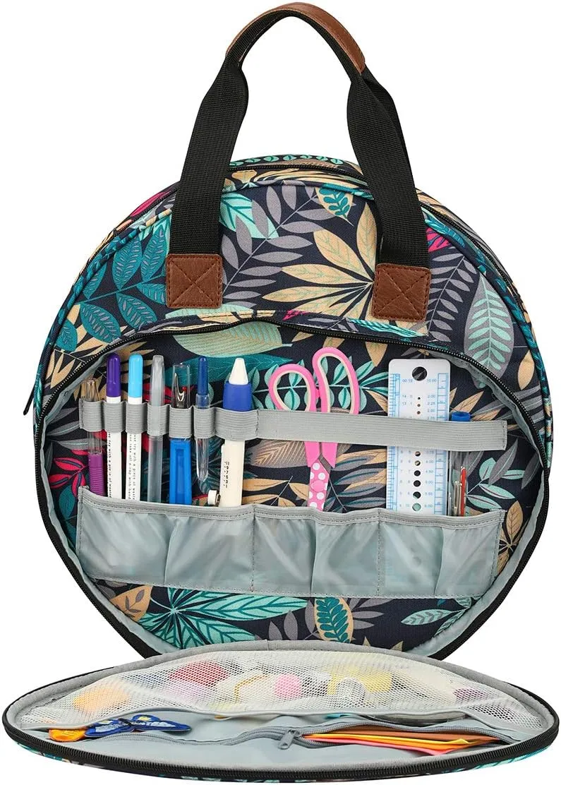 Shinyzone Cross Stitch Storage Bag with Leaf Print, Embroidery Projects Organiser, Sewing Crafts Storage Tote with Zipper Pockets for Embroidery Hoops, Charts and Threads