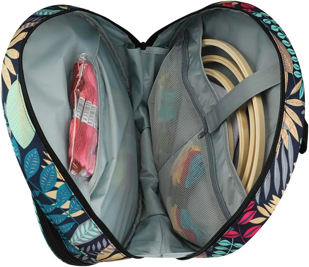 Shinyzone Cross Stitch Storage Bag with Leaf Print, Embroidery Projects Organiser, Sewing Crafts Storage Tote with Zipper Pockets for Embroidery Hoops, Charts and Threads