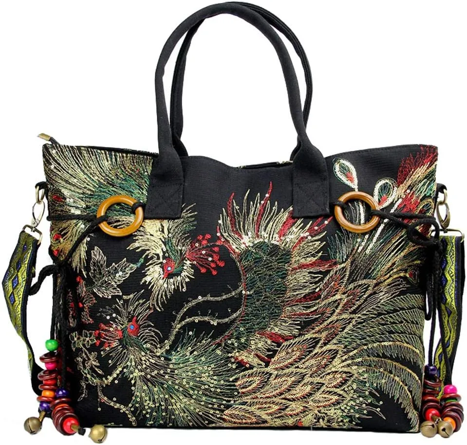Shoulder Handbags for Women,Ladies Ethnic Travel Hobo Bags Tote with Bling Sequins Phoenix Embroidered