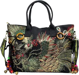 Shoulder Handbags for Women,Ladies Ethnic Travel Hobo Bags Tote with Bling Sequins Phoenix Embroidered