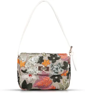 Silver Flowers Sequin Embroidery Beach Tote, Hand-Woven Straw Bohemian Shoulder Bag for Women's Vacation Travel