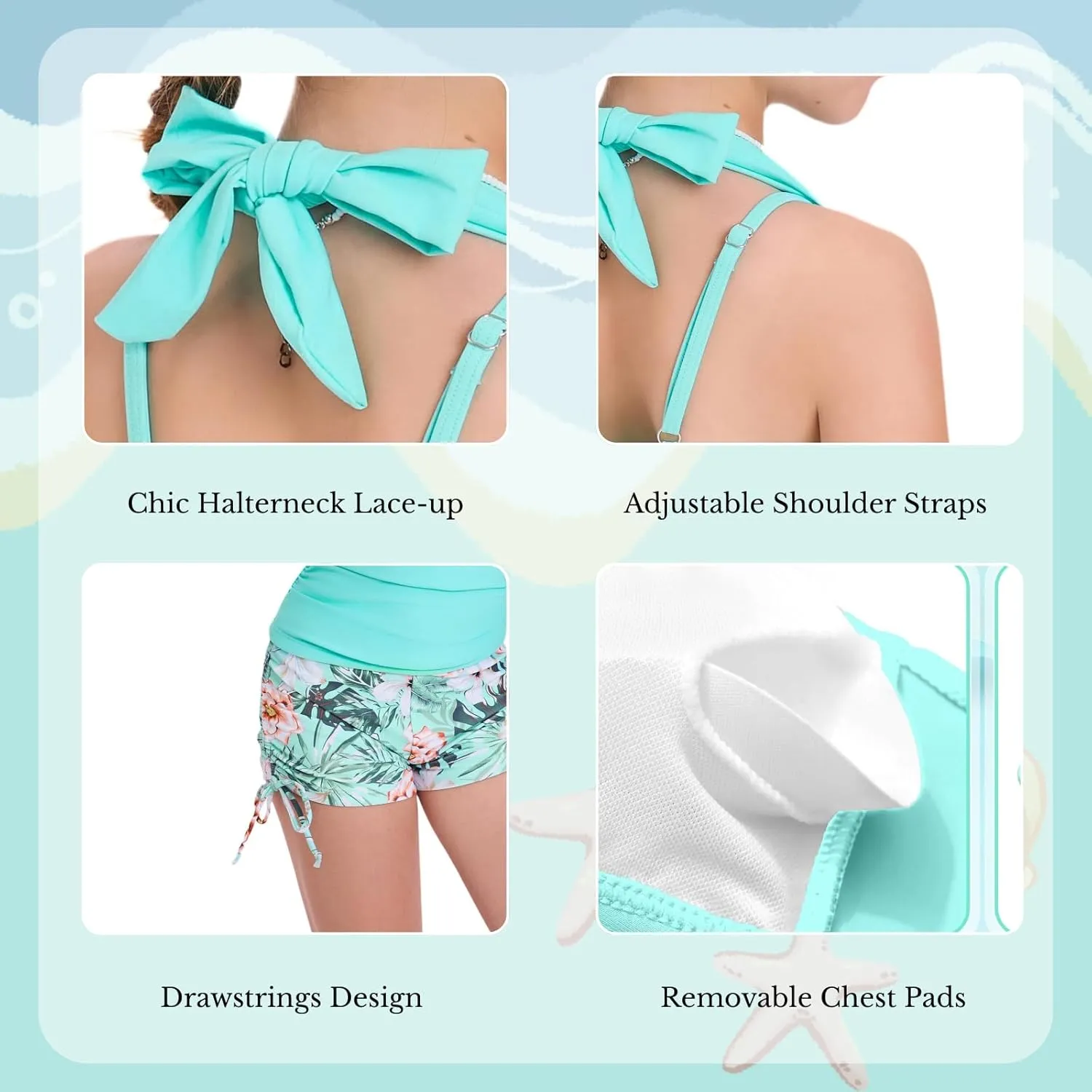 Size 7-16 Years Girls Slim Fit Swimsuit 2 Piece Halterneck Tankini Swimsuit Drawstring Printed Swim Shorts