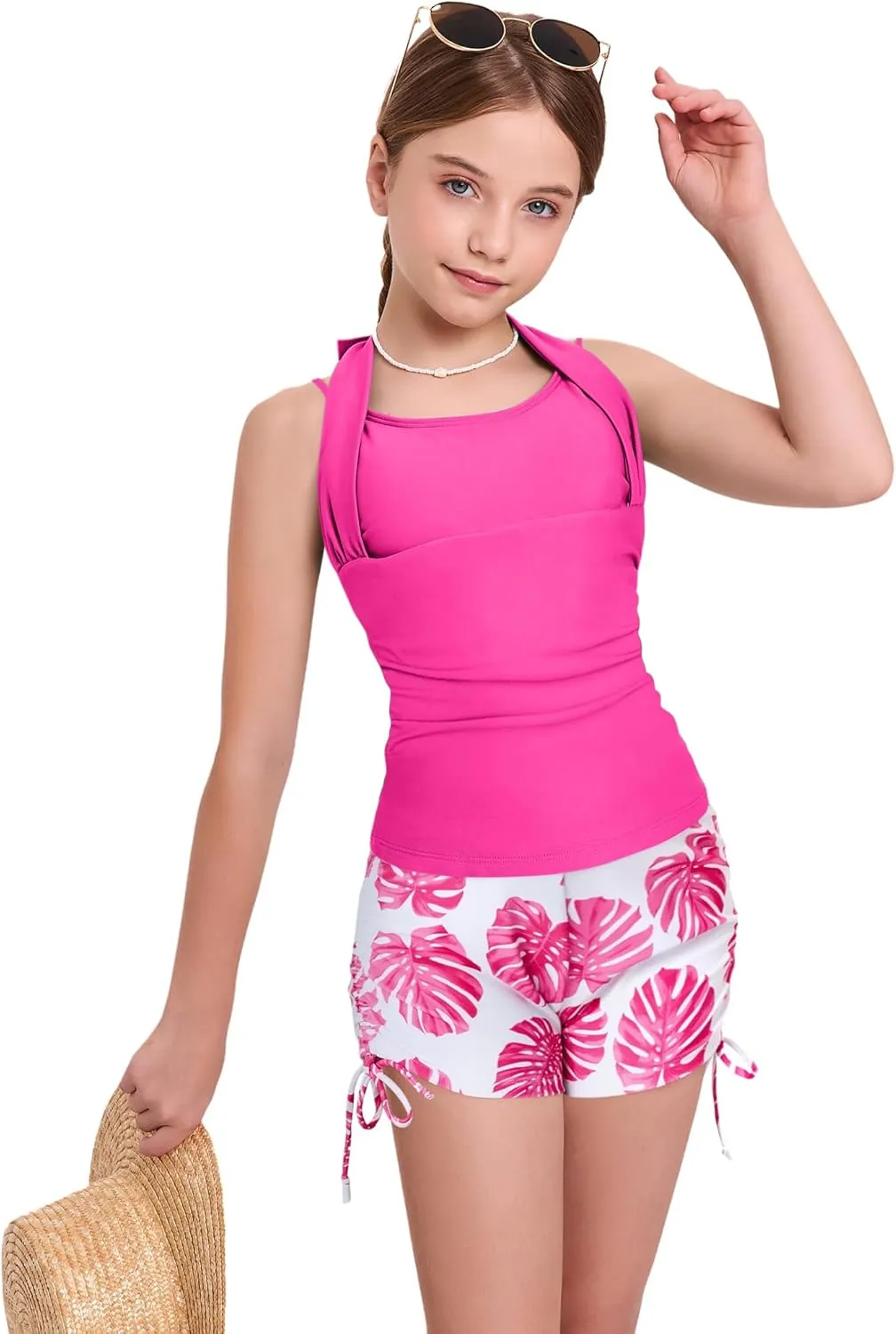 Size 7-16 Years Girls Slim Fit Swimsuit 2 Piece Halterneck Tankini Swimsuit Drawstring Printed Swim Shorts
