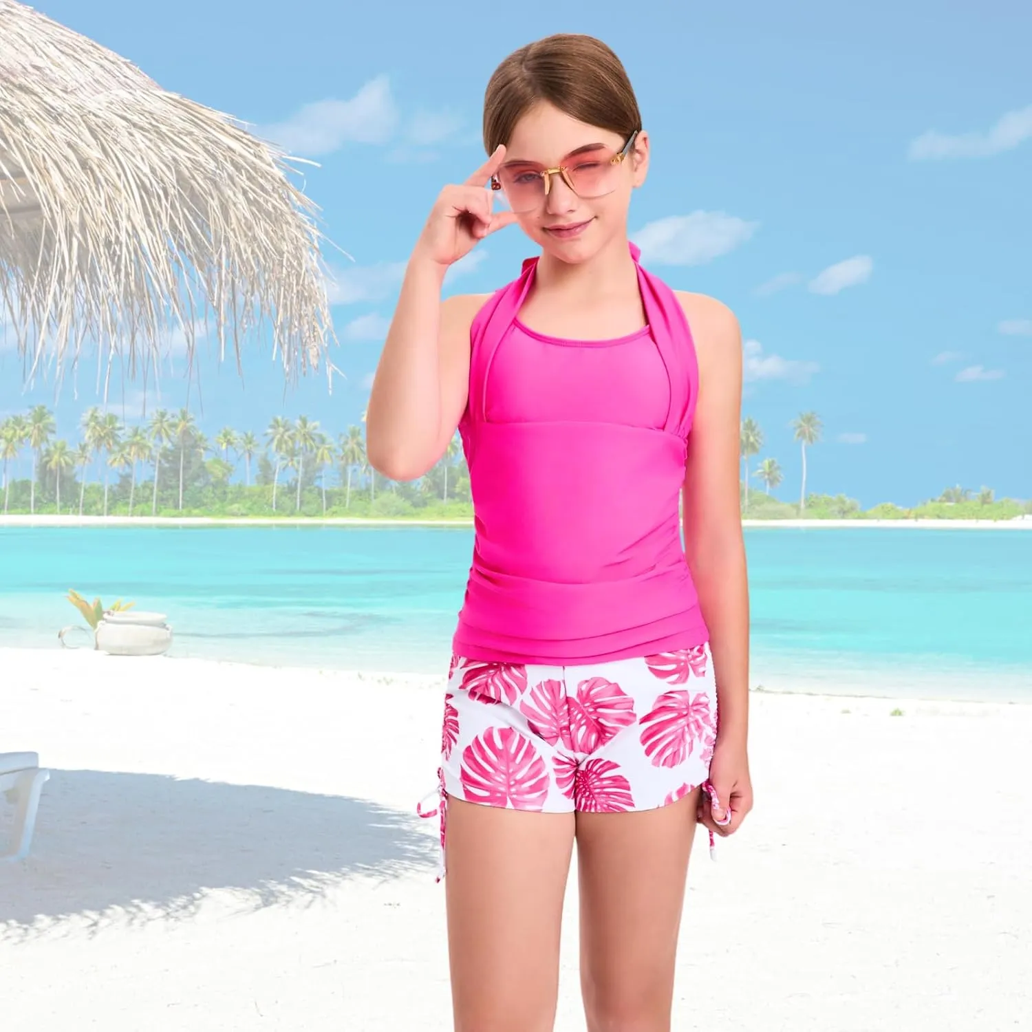 Size 7-16 Years Girls Slim Fit Swimsuit 2 Piece Halterneck Tankini Swimsuit Drawstring Printed Swim Shorts