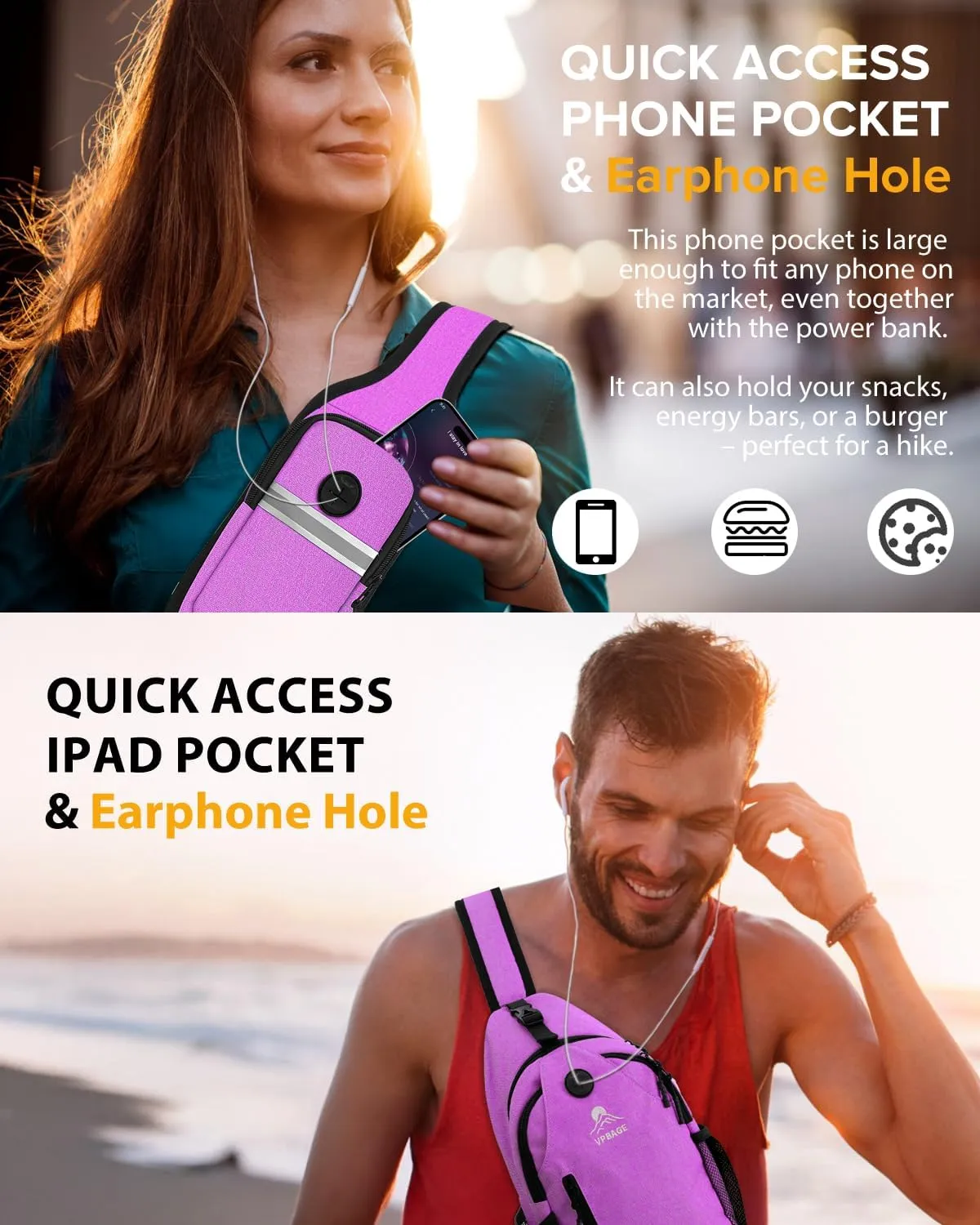 Sling Bag for Men Women, Crossbody Hiking Daypack/Chest Bag/Shoulder Bag, Small Backpack Travel, with Chest Phone Holder