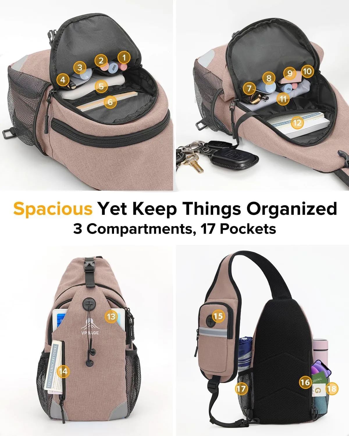 Sling Bag for Men Women, Crossbody Hiking Daypack/Chest Bag/Shoulder Bag, Small Backpack Travel, with Chest Phone Holder