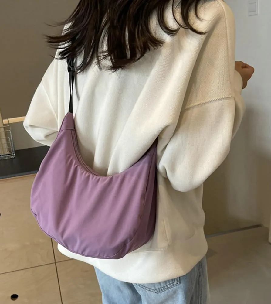 Small Crescent Handbag for Women Cute Nylon Crossbody Bag Half Moon Y2K Underarm Shoulder Bag with Adjustable Strap