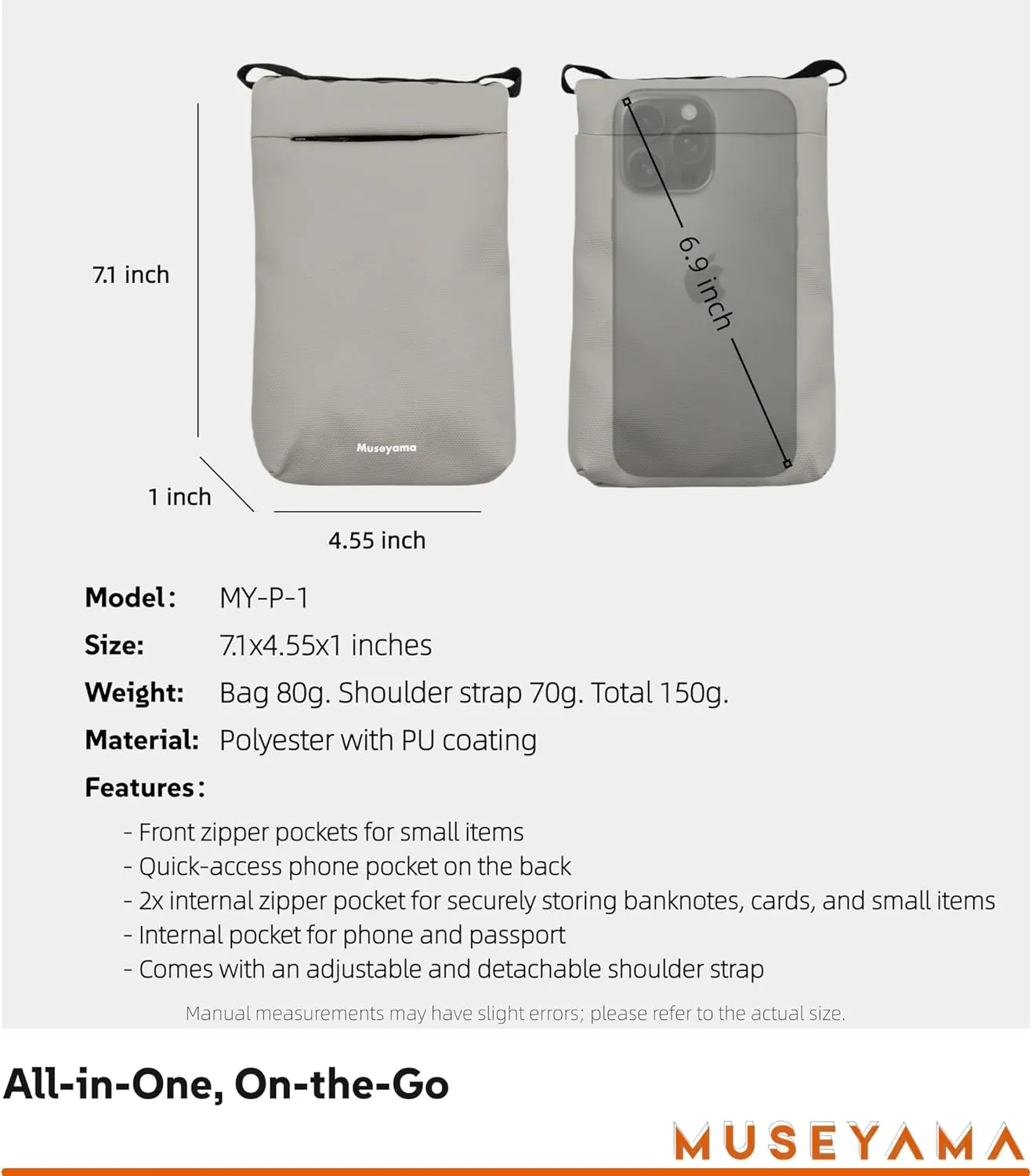 Small Crossbody Bag – Lightweight Foldable Water-Resistant Phone Purse with Adjustable/Detachable Strap